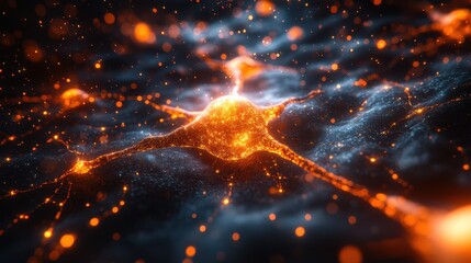 Poster - Glowing Neuron Network with Synaptic Connections, Abstract 3D Rendering of Brain Cell Activity.