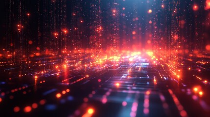 Poster - Abstract Digital Data Stream with Red Glowing Particles and Dark Background.