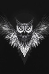 Wall Mural - Illustration of an abstract owl, with large geometric eyes and wings composed of angular lines, symbolizing wisdom and mystery. 