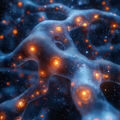 Poster - Abstract Cellular Structure with Luminous Nodes, Bioluminescence Network Background.