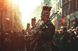 © Khelga Volkova - Bagpipers dressed in traditional attire marching in a St. Patrick’s parade, bright natural light, lively and festive mood