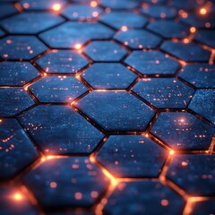 Poster - Abstract Hexagonal Technology Pattern with Glowing Orange Edges and Sparkles, Futuristic Background.