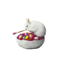 A fluffy white bunny paints colorful Easter eggs in a nest filled with vibrant grass and nestled in a decorative bowl isolated on white background