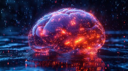 Poster - Futuristic AI Brain Illuminated Circuitry, Digital Neural Network in Rain, Abstract Concept