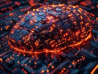 Poster - Glowing Futuristic Brain Shaped Circuit Board with Red LED Lights on Dark Background.