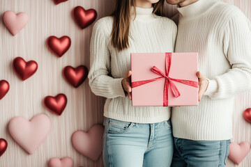 A young couple holding a pink gift box with a red ribbon, smiling and looking at the camera on an isolated pastel background with a hearts pattern for a Happy Valentine's Day greeting card