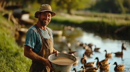 Poster - A man is holding a bucket of grain and smiling at a group of ducks