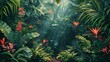 © Jumaria - Lush Tropical Rainforest Scene with Vibrant Red Flowers and Green Foliage