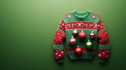 Wall Mural - Festive Christmas sweater decorated with colorful baubles on a green background.