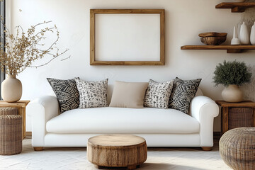 Scandinavian interior design of modern living room. White sofa with pattern pillows and rustic furniture. Mock up frame on white wall.