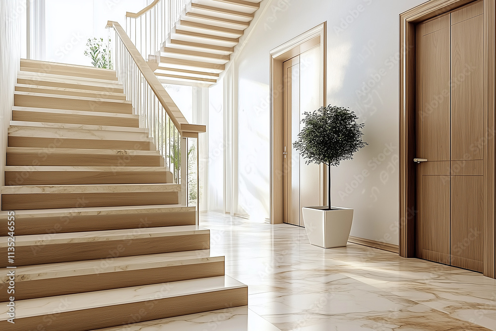 Wooden staircase and marble floor in minimalist interior design of ...