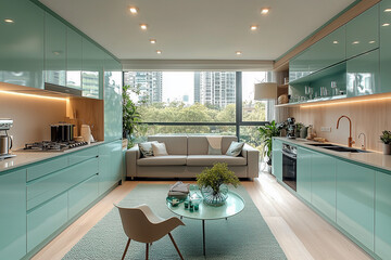 Turquoise kitchen in studio apartment. Interior design of modern living room