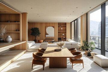 Minimalist, japandi style interior design of modern living room. Dining table and brown chairs in luxury room with wooden paneling walls and panoramic windows.