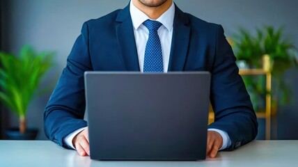 Poster - Professional man working on a laptop in a modern office environment, demonstrating focus and productivity.