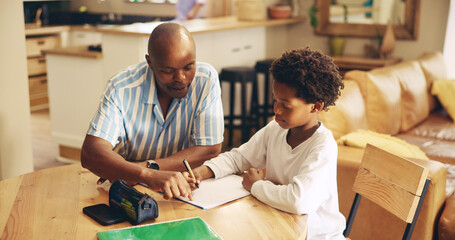 Poster - Help, studying and child with dad, notebook and advice for son, growth and development with education. Bonding, black man and assistance for homework, writing knowledge for kid, pointing and home