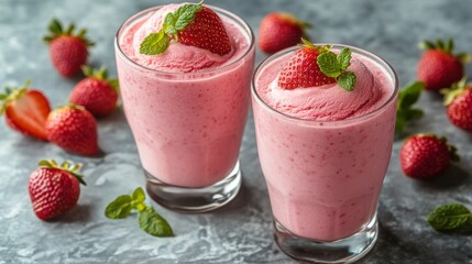 Wall Mural - Refreshing raspberry and mint dessert served in glass bowls on marble countertop