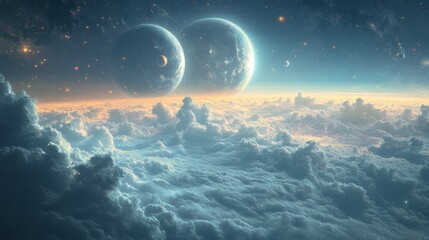 Wall Mural - Ethereal Twin Planets Above Dreamlike Cloudscape