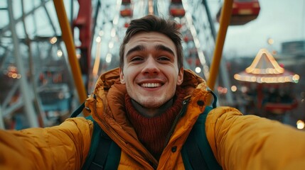 Poster - A smiling man in a yellow jacket is taking a selfie