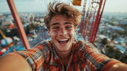 Poster - A man with a plaid shirt and messy hair is smiling and taking a selfie