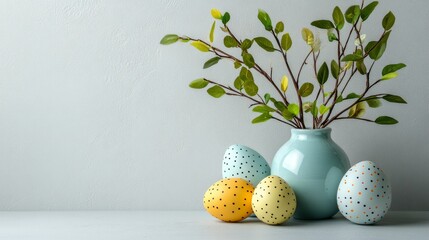 Decorative vase with painted eggs and spring branches on a light background