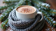 © Masha - Cup of hot cocoa or hot chocolate on knitted background with fir tree and snow effect, traditional beverage for winter time. 1 Generated with AI.