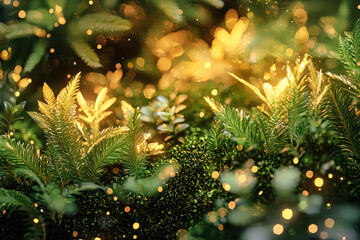 Wall Mural - field of green leaves with a bright yellow sun shining on them. the leaves are illuminated by the su