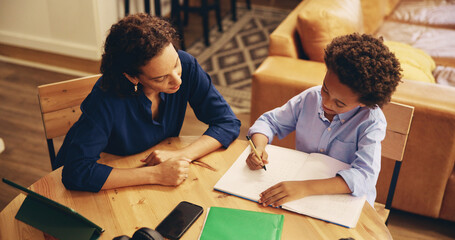 Poster - Above, mother and child in home for education, studying and help with math homework at table. Woman, son or notebook in living room for advice, counting development and lesson information with care