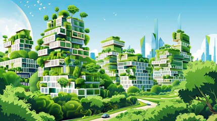 Wall Mural - A detailed illustration of a green futuristic cityscape with buildings covered in vertical gardens and integrated solar panels, set against a clear blue sky