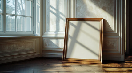 Aufkleber - Empty frame rests against the wall in a sunlit room with large windows showcasing beautiful shadows