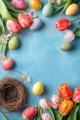 Wall Mural - Colorful spring eggs and tulips arranged on a blue background for festive celebration