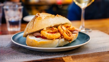 Poster - Delicious Fried Calamari Sandwich on a Rustic Plate in a Cozy Restaurant Setting, very popular in Madrid, Spain, typical tapas