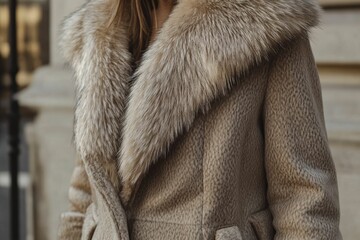 tan coat, large fur collar, textured fabric.