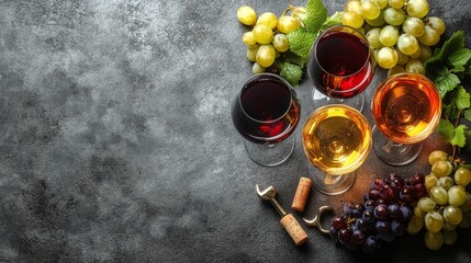 Poster - Four types of wine served in elegant glasses with fresh grapes on a textured surface