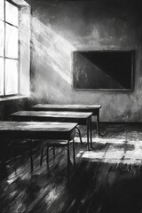 Poster - Sunlit classroom; empty desks, chalkboard, aged walls.