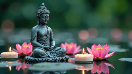 Wall Mural - A Buddha statue is surrounded by floating candles and pink lotus flowers, for Vesak. Concept of: Vesak day.