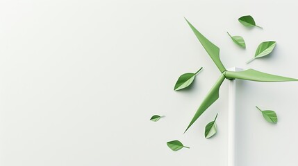 Wall Mural - A detailed image of a green wind turbine with leaves growing on its blades, set against a pure white background, representing renewable energy and nature