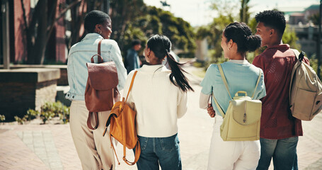 Poster - Back, education and walking with student friends outdoor together for learning or study at university. College, conversation and future with learner group at school for knowledge or scholarship