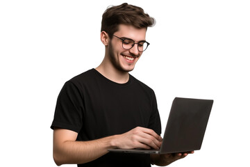 a smiling man with glasses wearing a black shirt, standing and holding and looking down at a laptop 