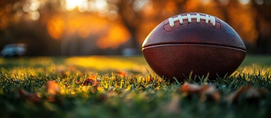 Wall Mural - American football on autumn grass at sunset.