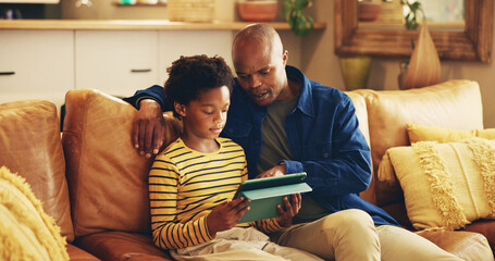 Aufkleber - Teaching, dad and child with tablet, home and elearning with app in living room, bonding and internet. House, man and son with tech for education, growth and development for boy, knowledge and online
