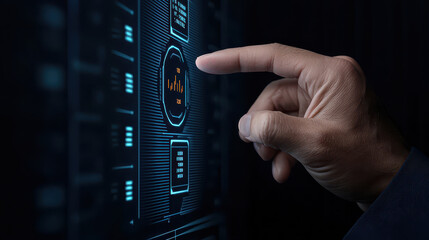 Poster - close up of hand interacting with high tech digital interface, showcasing data visualization and modern technology