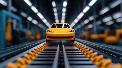 Poster - vibrant yellow car on manufacturing assembly line, showcasing modern design and technology