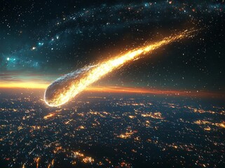 Wall Mural - at night, a brilliant comet with a large trail of dust and gas makes its way to earth, standing out 