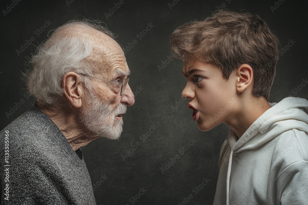 Elderly man and boy arguing and screaming with anger, depicting ...