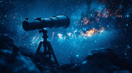 Wall Mural - the thrill of discovery is depicted in a low angle shot of a telescope gazing into the endless night