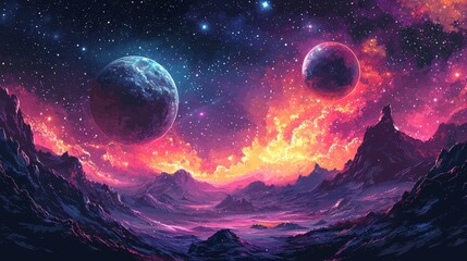 Wall Mural - a space exploration concept featuring planets and a nebula background in pixel art style.