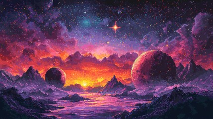 Wall Mural - a pixel art depiction of planets and a nebula, representing a space exploration theme.