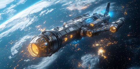 Wall Mural - a stunning space scene features a small white shuttle spacecraft against a backdrop of a small blue 