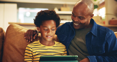 Aufkleber - Bonding, dad and child with tablet, home and elearning with app in living room, teaching and internet. House, man and son with tech for education, growth and development for boy, knowledge and online