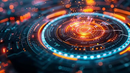 Poster - Complex circular technological interface with glowing orange and blue lights radiating energy, symbolizing advanced future technology and innovation
